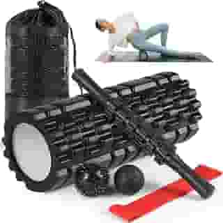 Kit Liberação Rolo Massagem Miofascial 6 em 1, Rolo, Bastão, Bola Lisa e Cravo, Faixa Mini Band e Bolsa – Alívio de Dores, Relaxamento Muscular, Pós-Treino, Pilates, Yoga, Crossfit, Fisioterapia, Exercicios