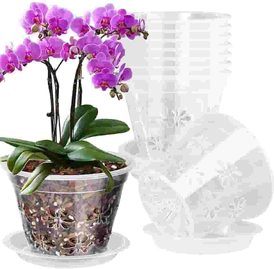 Pote de orquídea, pacote com 8 potes de orquídea de 18 cm com furos e pires, vaso de plástico transparente para repotting, vasos de ventilação respirável para orquídeas Phalaenopsis