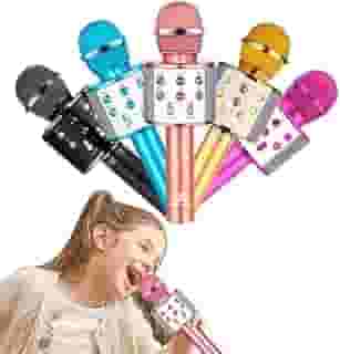 Microfone de karaokê Bluetooth sem fio, microfone recarregável para crianças, máquina de karaokê, alto-falante de karaokê portátil para casa KTV festa de aniversário infantil Premium (Rosa)