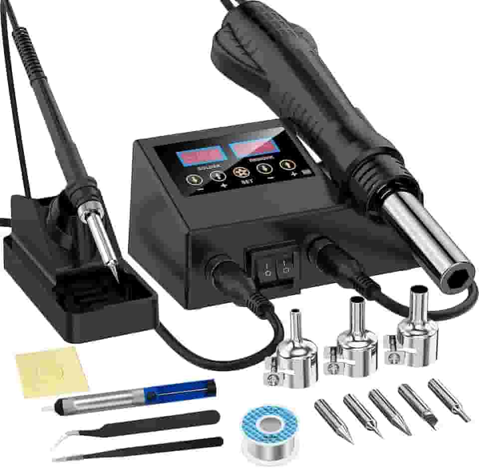 Kit de estação de retrabalho de ar quente 2 em 1, ferro de solda com display digital duplo, ar quente, aquecimento rápido, com 5 pontas de ferro de solda, 3 bicos de ar quente, pinça