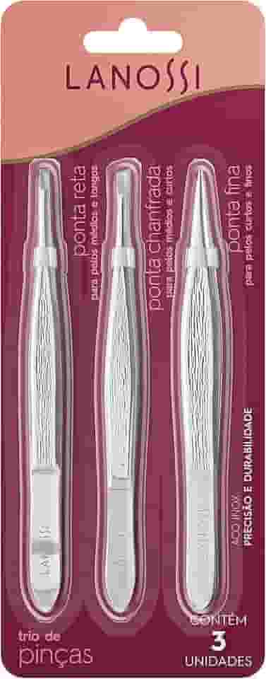 Kit com Pinças de Ponta Reta, Chanfrada e Fina, Cor Silver, Lanossi.
