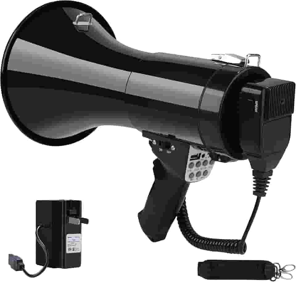 Megafone Bullhorn Bluetooth 50W com bateria recarregável - Mega telefone profissional com sirene e gravação 240s suporta USB/TF/entrada auxiliar de 3,5 mm - alcance de 1600 metros para atividades
