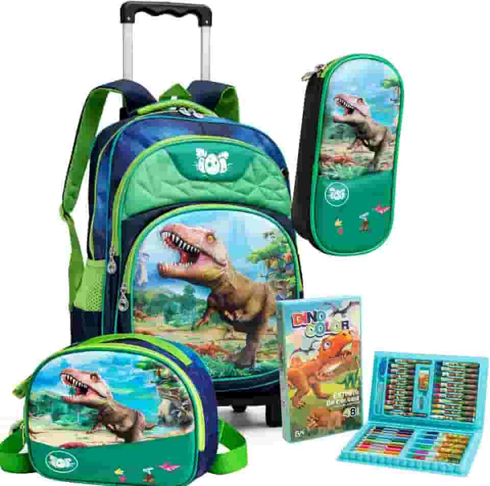 Kit Mochila Infantil Menino com Rodinhas Lancheira Termica Estojo Dinossauro Inclui Kit Escolar com 48 Peças 3D