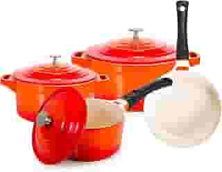 LE COOK Jogo de Panela Premier Antiaderente Cerâmica 4 Peças Laranja Caçarola 20cm 24cm, revestimento ceramico Frigideira e Panela com Cabo Removível Compatível com Indução e Forno
