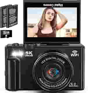 Câmera digital, vídeo de 5k, câmera de 75 megapixels, transmissão Wi-Fi, zoom digital de 18x, tela giratória de 180 graus, foco automático, cartão SD de 32G, duas baterias,câmera compacta,vlog