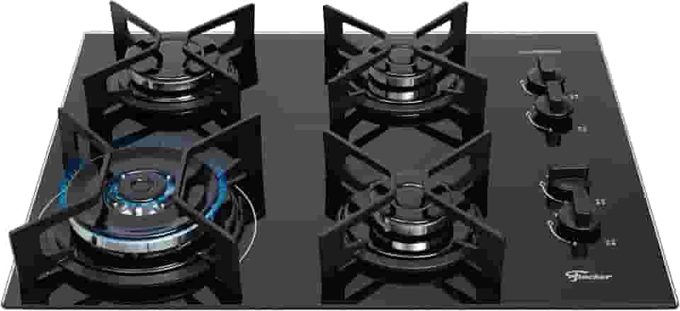FISCHER COOKTOP À GÁS 4 BOCAS TRIPLA CHAMA FTI LINE TREMPE IRON MESA VIDRO PRETO BIVOLT 36330-102673