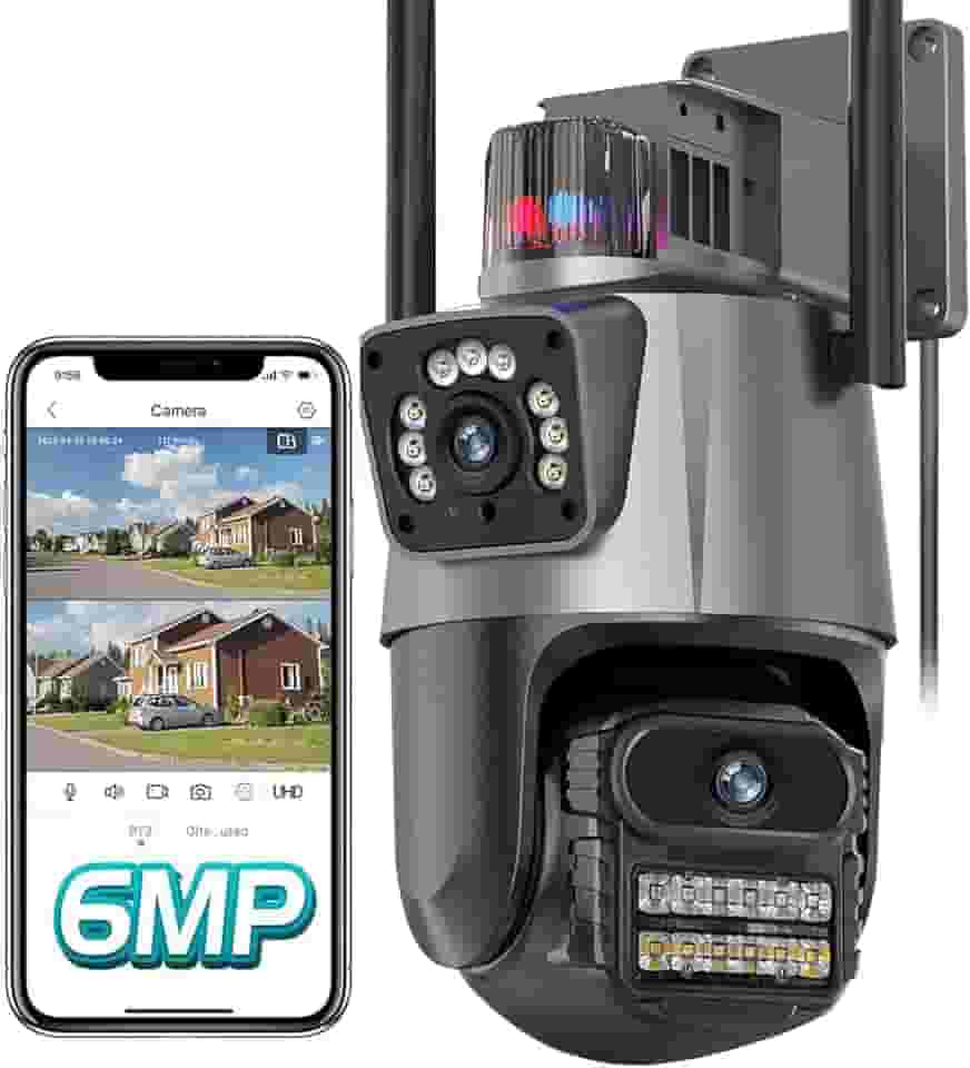 Câmera de Segurança Wi-Fi Externa 4K com Dupla Lente e Tela Dividida, Visão Noturna Infravermelha, Sirene, Luz de Alerta, IP66 à Prova d’Água e Poeira – Vigilância 24h para Ambientes Externos