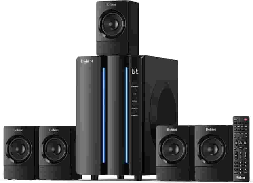 Bobtot Surround Sound Systems Sistema de cinema em casa, subwoofer de 800 watts de potência máxima de 6,5 polegadas, altifalantes estéreo com cabo 5,1/2.1, graves fortes com entrada ótica Bluetooth