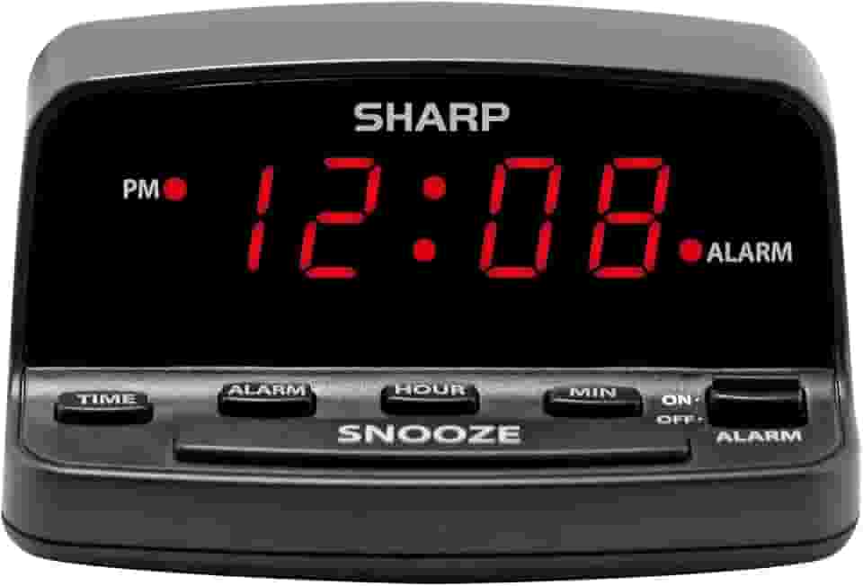 Sharp Despertador digital com controles de estilo de teclado, bateria reserva, fácil de usar com operação simples, caixa preta com visor LED vermelho