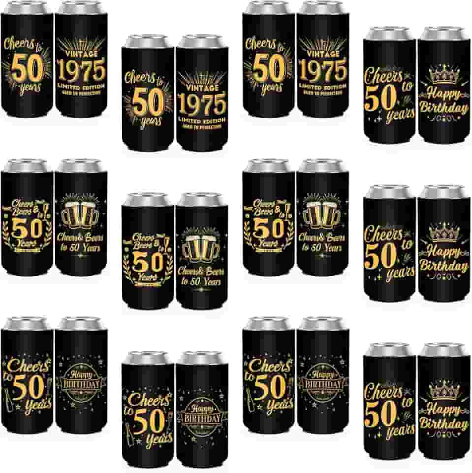 mangas refrigeradoras de lata finas, pacote com 12, refrigeradores de lata skinny de neoprene para copos de latas padrão de 12 onças, decorações para lembrancinhas de festa de 50 a