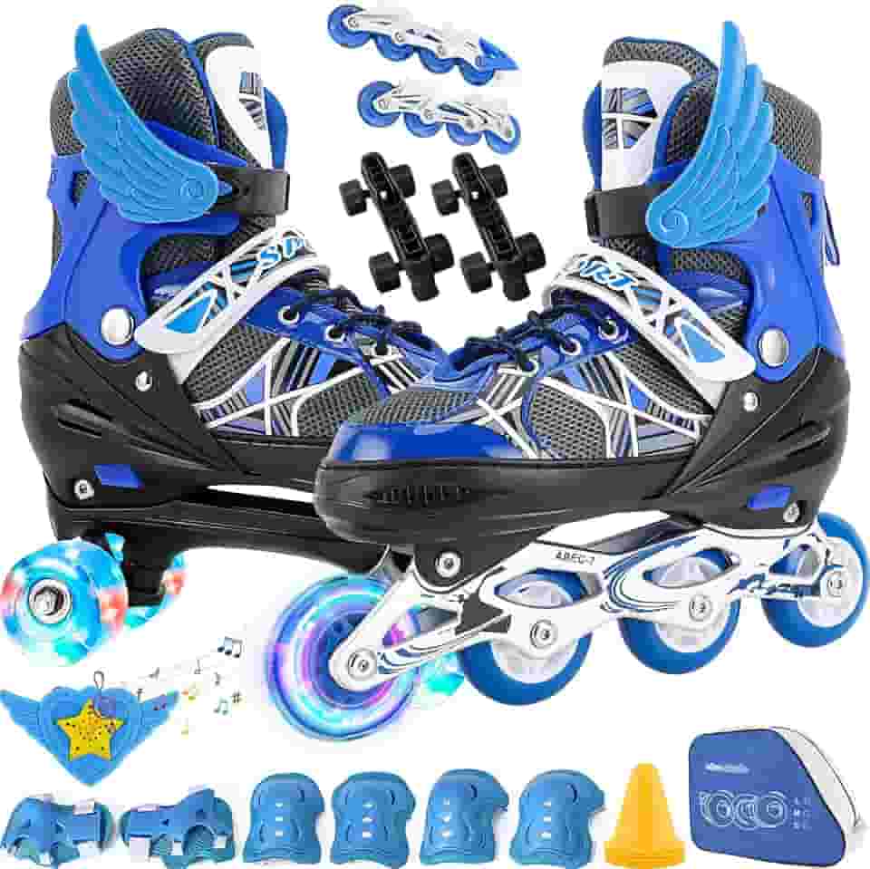 2 Em1 Patins Infantil Ajustável, Patins 4 Rodas, Patins Quad, Patins Infantil Menina, Ajustável com Bolsa e Kit Proteção, Para meninas, meninos e iniciante (Azul）M (33-37))