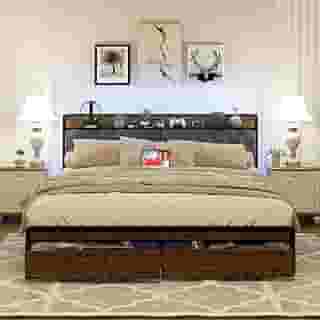viplov Estrutura de cama king size com armazenamento e cabeceira estofada, plataforma de metal com 2 gavetas, estação de carregamento e luz LED, sem ruído, suporte de metal, sem box Spring, marrom