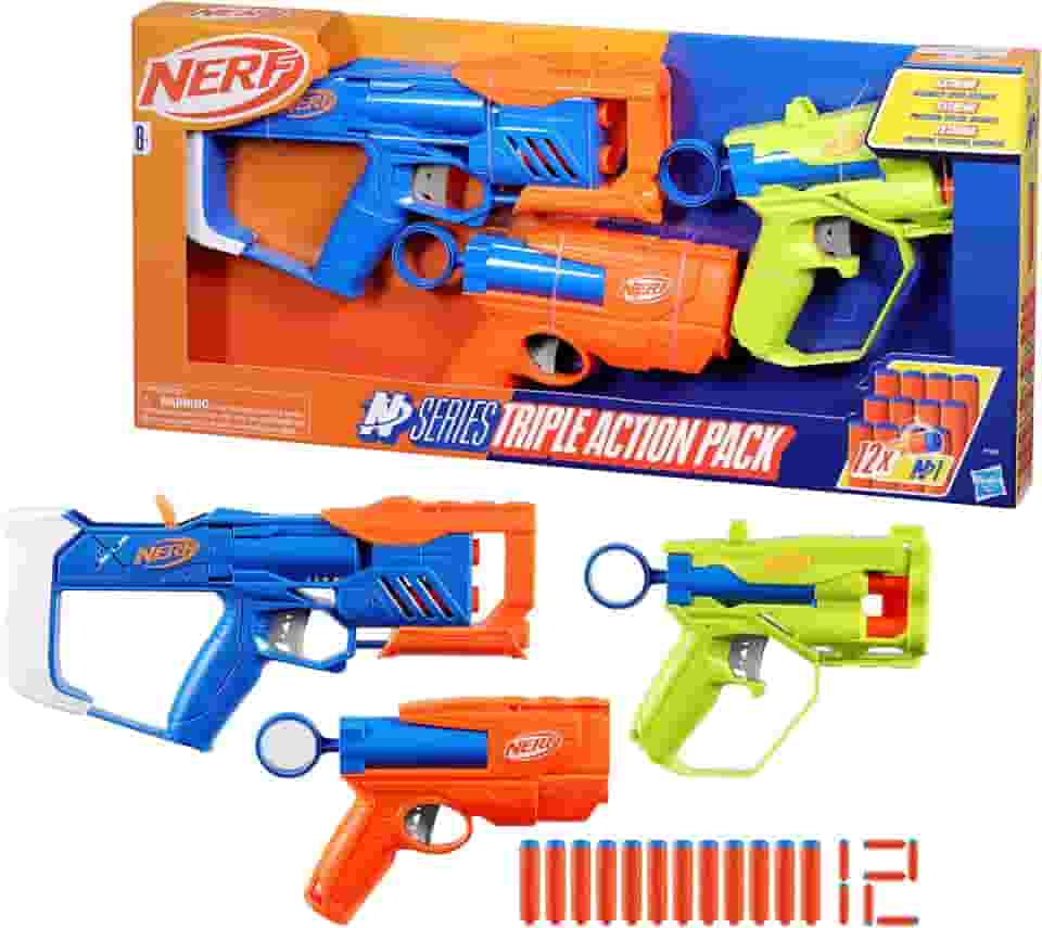 Nerf N Series Kit Triple Action com 3 lançadores e 12 dardos de espuma, brinquedos para meninos e meninas, brinquedos de Natal para adolescentes e crianças acima de 8 anos