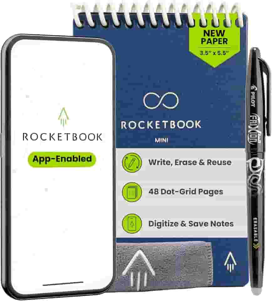 Rocketbook Novo mini bloco de notas inteligente reutilizável, tamanho de bolso 9,5 x 13,5, azul escuro - páginas pontilhadas, conectadas ao aplicativo, apagável, ideal para anotações rápidas em