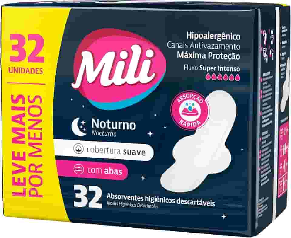 Absorvente Externo Mili com Abas Noturno, Cobertura Suave, Fluxo Super Intenso, 32 Unidades