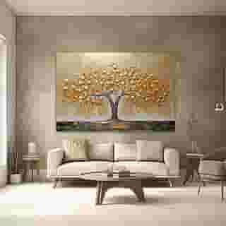 Quadros Decorativos para Quarto Sala 130x90 Arvore Dourada Pintural Grande Escritório Hall