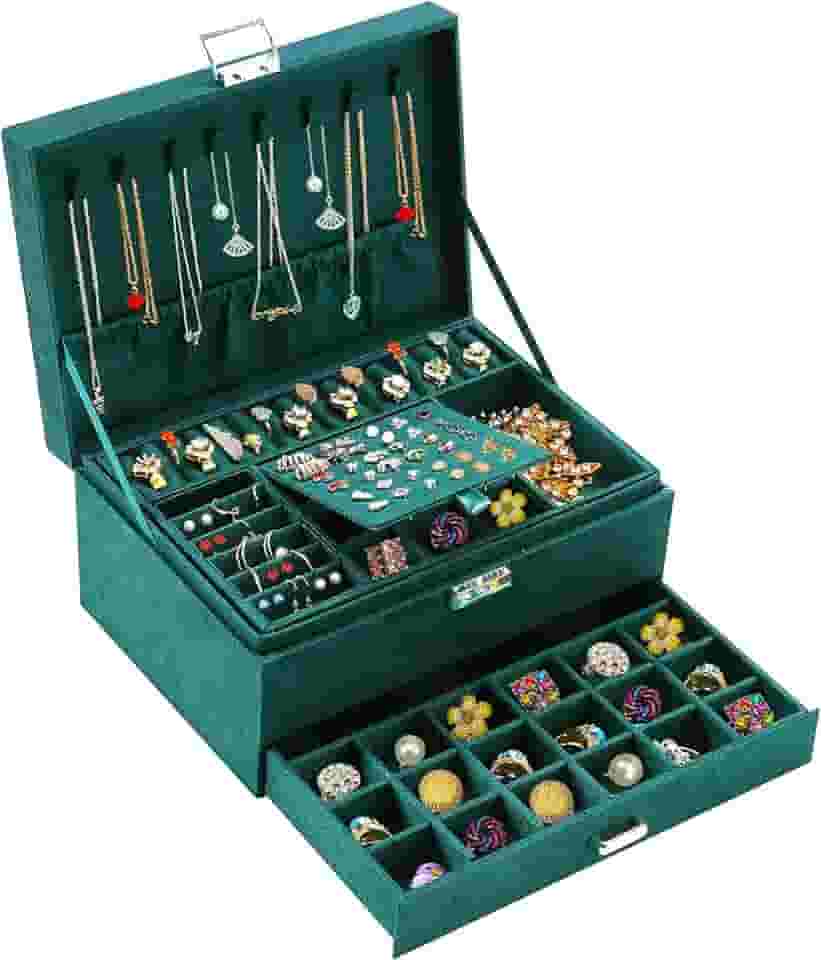 Caixas de joias para mulheres, organizador de joias de veludo verde com cadeado, organizadores de joias para adolescentes e suporte de brinco e colar, caixa organizadora feminina para colares, brincos