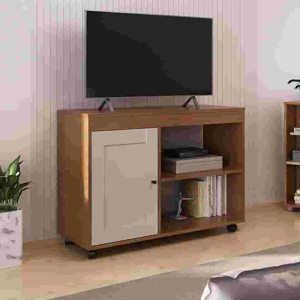 Rack para tv Até 42" com rodizios e porta almofadada SAMPA cor Cinamomo/Off White - Artely