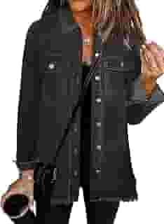 Jaqueta jeans feminina grande, casual, abotoada, manga comprida, camisa jeans com bainha desgastada, jaqueta jeans moda outono 2025