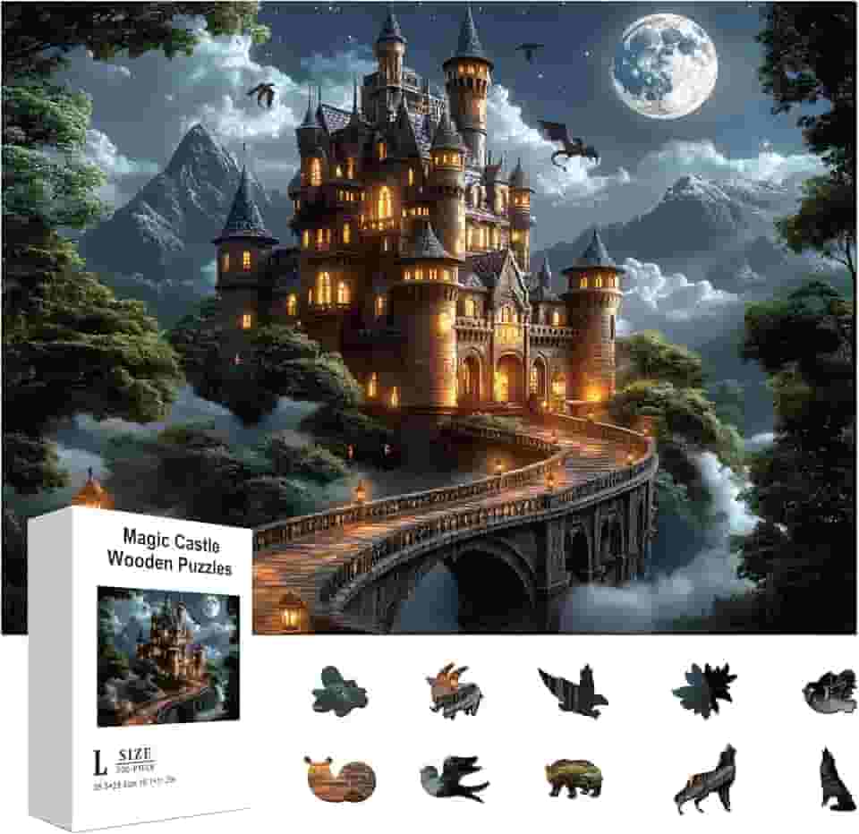 GLOBLELAND 300Pcs Night Magic Castle Wooden Jigsaw Puzzles for Adults 11.22x15.16inch Colorful Dragon and Castle Wood Puzzles for Holidays Birthday Gifts