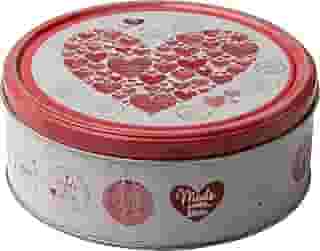 Hearts 150g - Lata com estampa de corações contendo biscoitos amanteigados e com chocolate - Fabricado na Dinamarca pela Jacobsens Bakery
