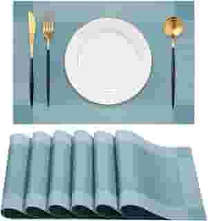 Jogo Americano 6 Peças, 30cm x 45cm Retangular, Antiderrapante, Resistente ao Calor, Lavável, Fácil de Limpar, Alta Durabilidade, PVC Mesa Posta Sousplat (Azul)