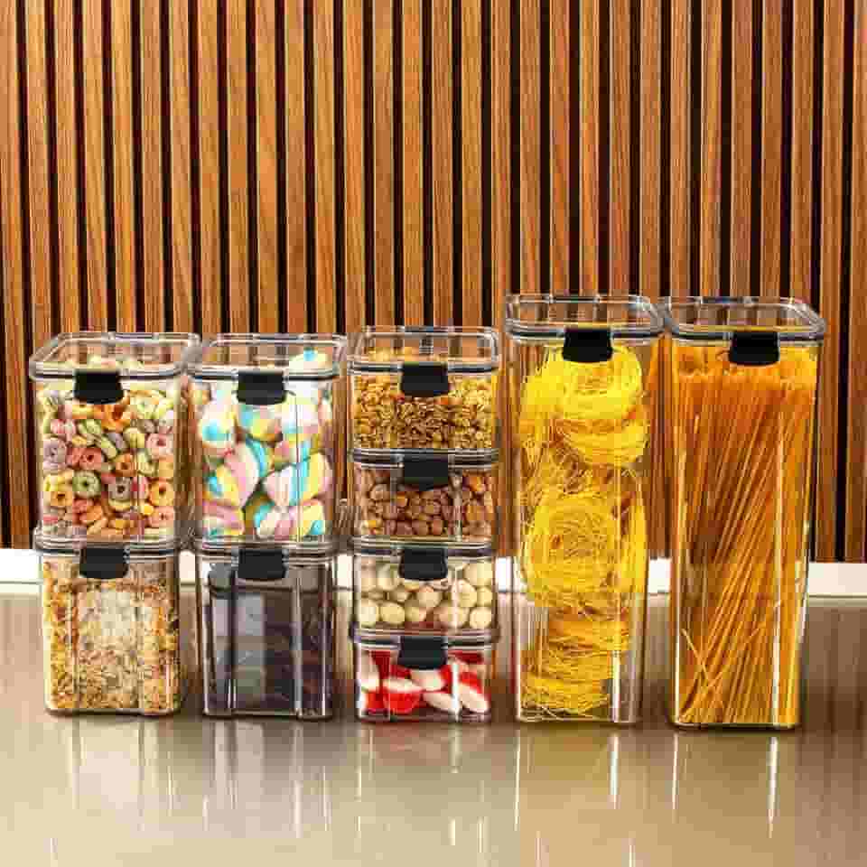Kit 10 Potes Herméticos Organizadores Empilháveis para Mantimentos - Pote Hermético BPA Free - Utensílios para Cozinha, Armário, Alimentos, Porta Mantimentos, Empilhável