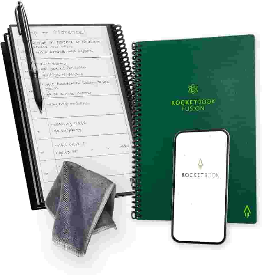 Rocketbook Caderno reutilizável Fusion Smart – calendário, listas de tarefas e páginas de modelo de notas com 1 caneta Pilot Frixion e 1 pano de microfibra incluído – capa verde terrestre