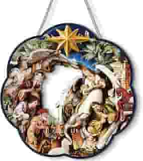 Cinnvoice Guirlanda de Natal da Sagrada Família, Guirlanda de Madeira com Tema de Presépio, Decoração de Porta para Natal, Jesus