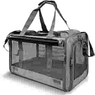 Bolsa Transporte Pet para Avião Cabine Viagem Ventilação Cães e Gatos Reforçada até 9kg Tela Arejada Alça e Tapete Removível (Cinza)