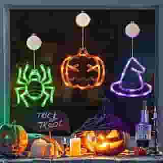 LOLStar Pacote com 3 decorações de janela de Halloween, laranja, abóbora, verde, aranha, roxo, chapéu de bruxa, luzes de janela operadas por bateria com ventosa, função de temporizador de desbotamento