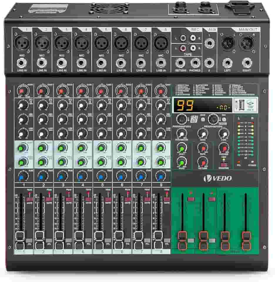 Mesa de Som Amplificada de 8 Canais com 99 Efeitos DSP, Amplificador de 500W×2, Bluetooth, USB/MP3, Phantom Power de 48V, EQ de 5 Bandas - Mesa de Mixagem Profissional