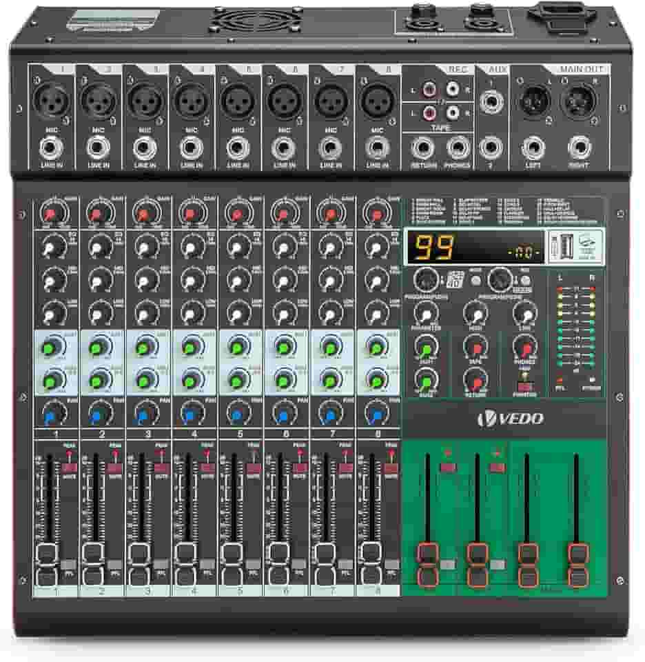 Mesa de Som Amplificada de 8 Canais com 99 Efeitos DSP, Amplificador de 500W×2, Bluetooth, USB/MP3, Phantom Power de 48V, EQ de 5 Bandas - Mesa de Mixagem Profissional