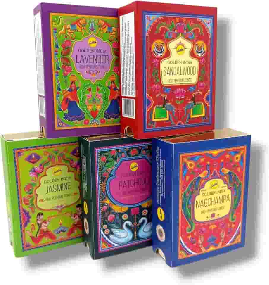 Kit Favoritos Incenso Cascata Golden Índia Sreevani com 5 caixas 50 cones