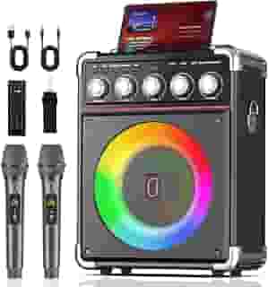 JYX Caixa de Som com 2 Microfones, Caixa de Som Bluetooth para Adultos e Crianças, Caixa de Som Karaoke com Ajuste de Graves/Agudos, Sistema de PA com Controle Remoto, Suporte para REC/USB/AUX/TF(60W)