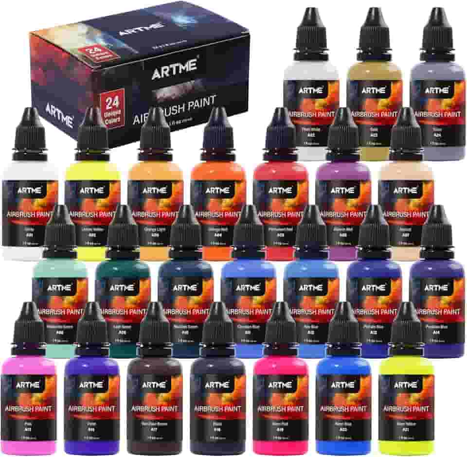 ARTME Tinta para aerógrafo, conjunto de tinta para aerógrafo de 24 cores inclui cores metálicas e neon, tinta acrílica opaca e à base de água, kit de tinta aerógrafo de couro e sapatos para artistas, iniciantes e estudantes