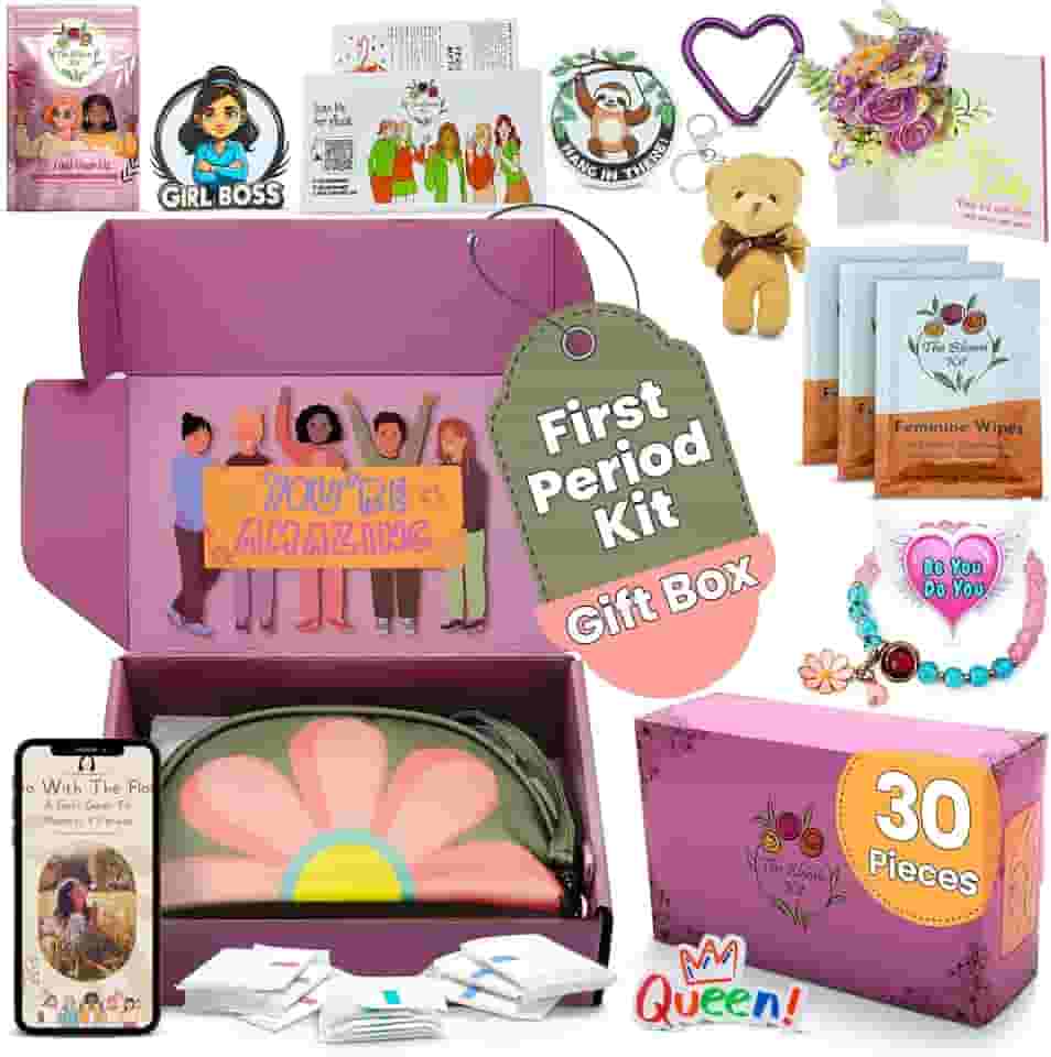 The Bloom Kit de primeira menstruação para meninas 9-10-12-14 para escola, kit menstrual para iniciantes para adolescentes inclui saco de armazenamento de guardanapo sanitário, almofadas, lenços,