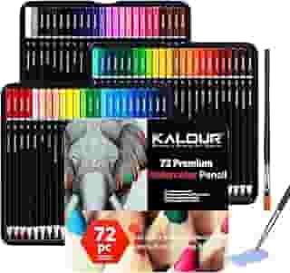 KALOUR Lápis de aquarela profissional com 2 pincéis - 72 cores - lindos efeitos de mistura com água ou seco - Ideal para livros de colorir - Lápis solúveis em água para crianças e adultos iniciantes