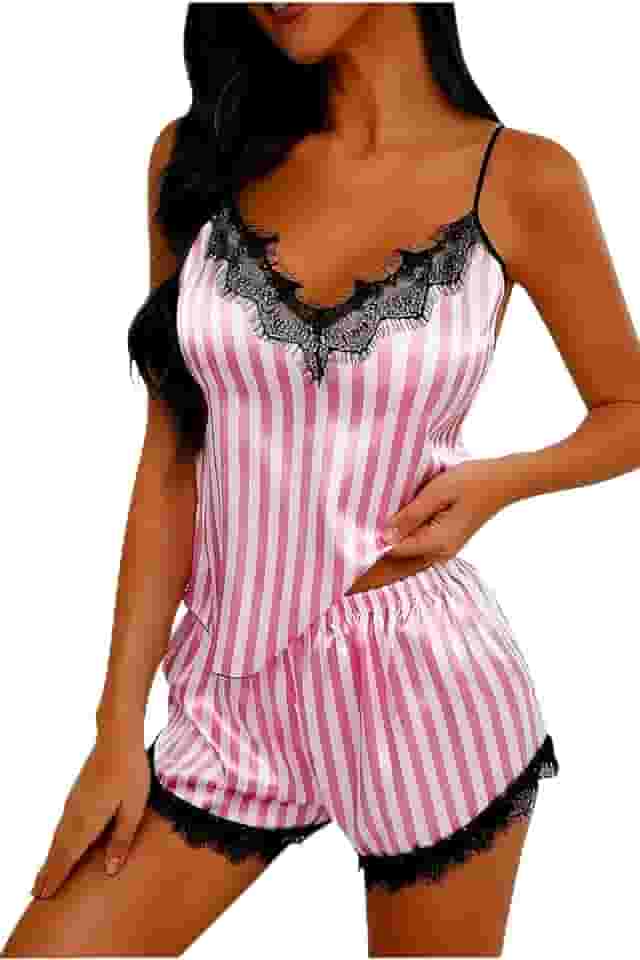 Conjunto de pijama listrado de renda, roupa de dormir feminina com gola V e shorts com laço