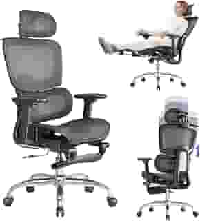 LarkLeaves Cadeira de Escritório com Descanso para os Pés, Cadeira Ergonômica com Encosto de Cabeça 3D, Cadeira Gamer com Encosto Ajustável e Apoio de Braço 3D, Cadeira Presidente, Cadeira Mesh, Preto