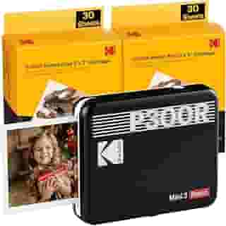 Impressora fotográfica portátil KODAK Mini 3 Retro 4PASS (7,6 x 7,6 cm), inicial 8 folhas + pacote de 60 folhas, preta