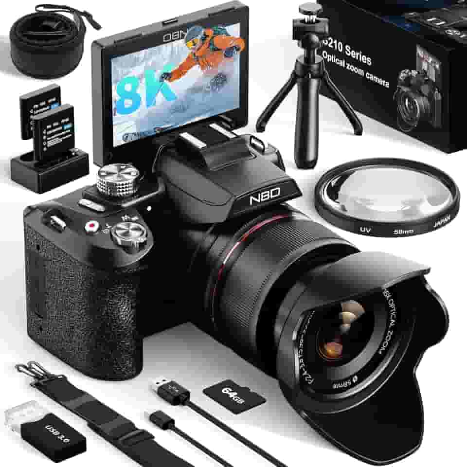 NBD Câmeras digitais 8K para fotografia, câmeras vlogging de 64 MP, zoom óptico de 16x, câmeras digitais fotográficas com tela flip de 180°, lente de 58 mm, 2 baterias, cartão de 64 GB (preto)