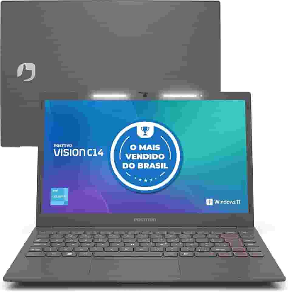 Notebook Positivo Vision C14 Celeron 4GB 128GB eMMC, Windows 11 Home, Lumina Bar, Tela 14" HD Antirreflexo, Tecla Link – Cinza