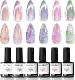 Modelones Esmalte em gel olho de gato, 6 cores brilhantes, conjunto de desenho de unhas magnético com ímã, sereia iridescente, redemoinho, fio de concha, roxo, rosa, azul, glitter, presente de manicure faça você mesmo para mulheres e meninas