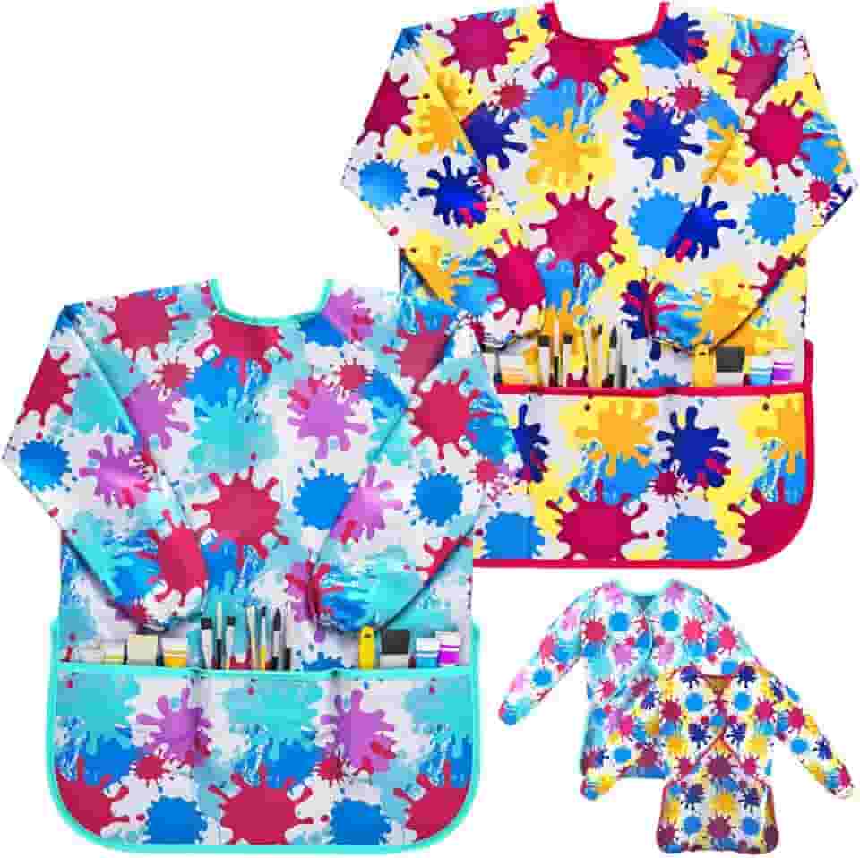 J MARK Avental infantil impermeável para pintura, 2 unidades, manga comprida e 2 bolsos para assar, comer, artes e artesanato