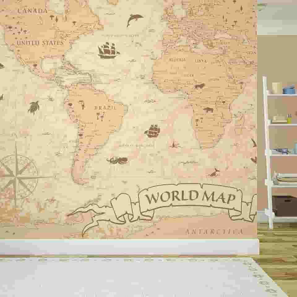 Papel de Parede Mapa Mundi Vintage Painel Vinil 4 rolos 6m²