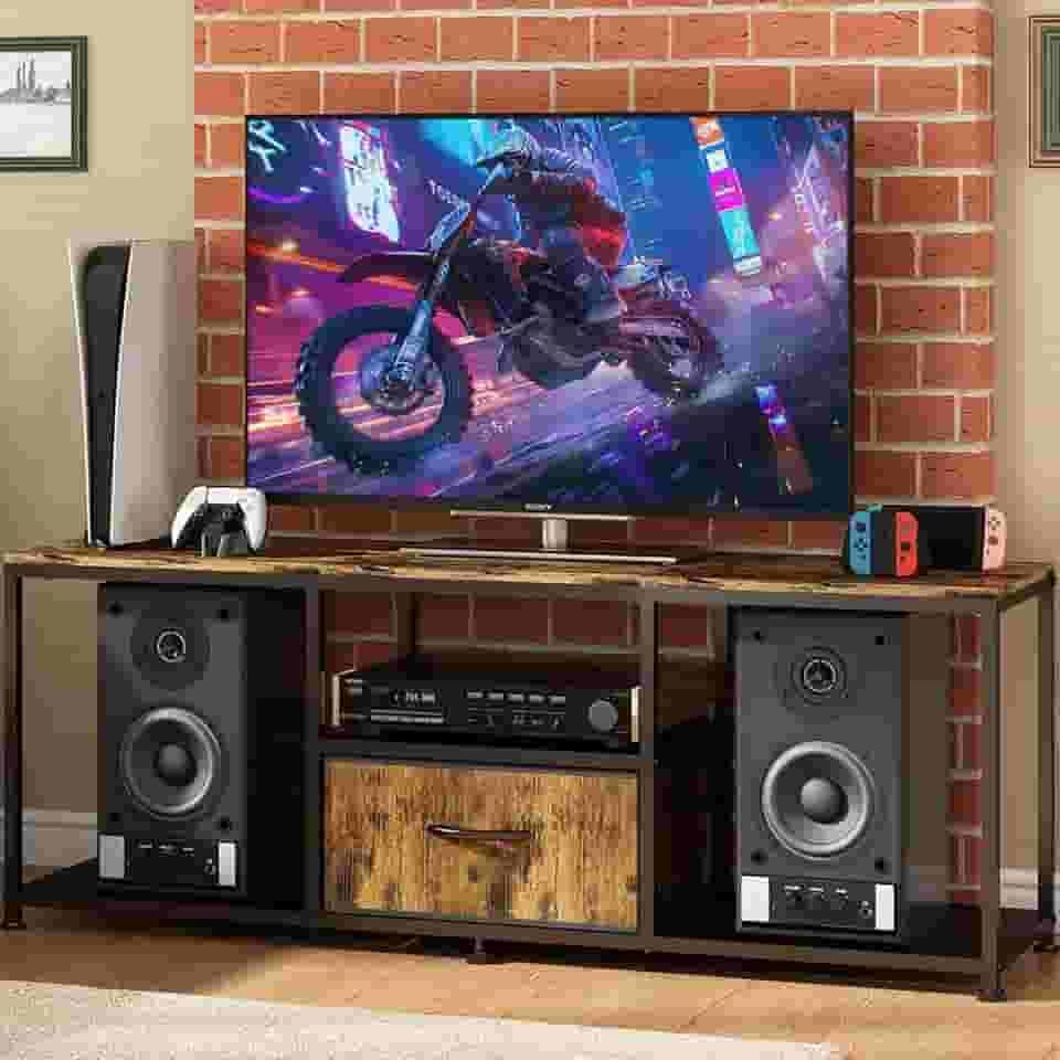 Rack para TV até 35, 55, 55+, 65 e 75 Polegadas Nicho Decorativo Prateleira Parede Sala Estar Moderna, Preto Metal, Marrom Rústico