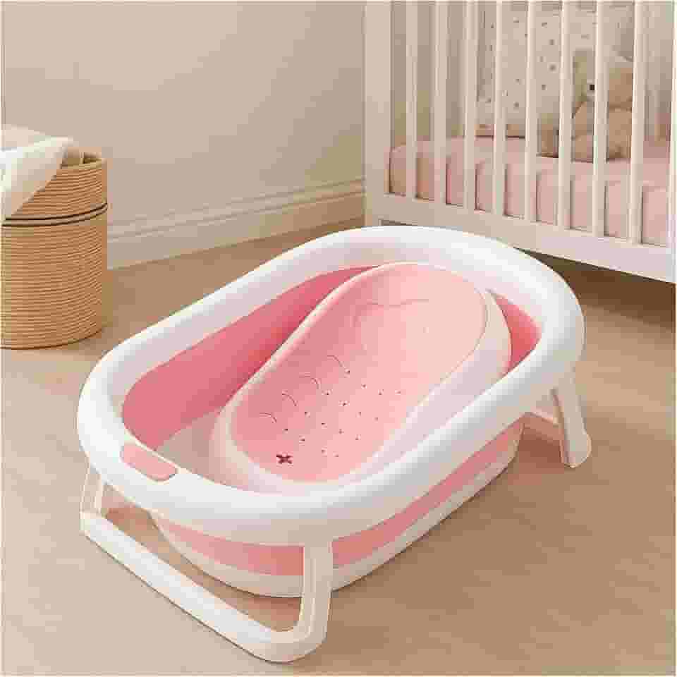PIPDIP Kit Banheira Dobrável 2 em 1 para Bebê, Capacidade de até 44 Litros, Com Encosto, Portátil, Plástico e Borracha, Branco e Rosa.
