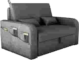 Sofá Cama Versátil Poltrona 2 Lugares Para Sala De Descanso Com Encosto Reclinável Luxo E Báu Organizador Linho Conforto Premium Design Moderno (Cinza)