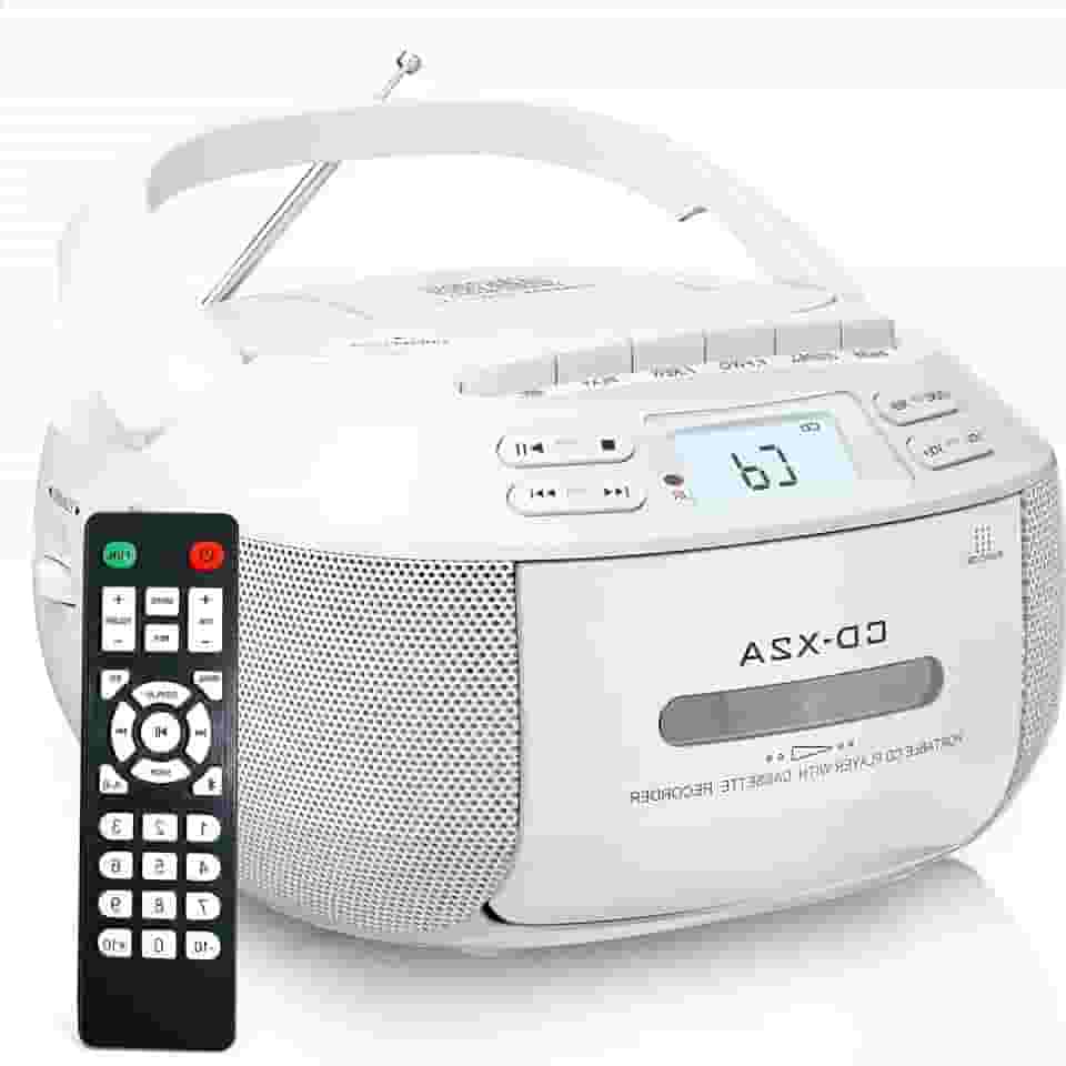CD Player, 110V, Combo CD E Leitor de Cassete, Rádio AM FM Portátil, Radio CD Player com Bluetooth 5.1, Unidade Auxiliar/USB, Tensão Ajustável Manualmente Na parte Inferior da Unidade